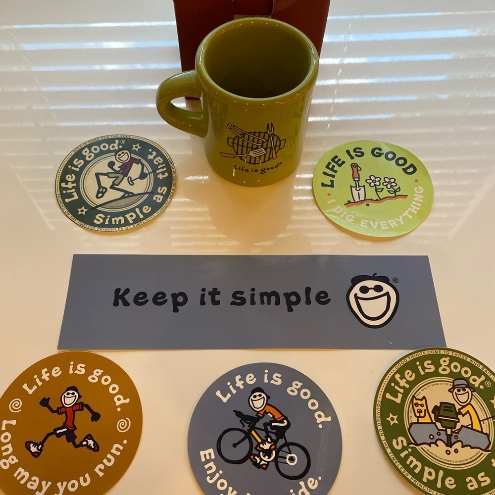 Life Is Good Mug And 6 Assorted Stickers.
